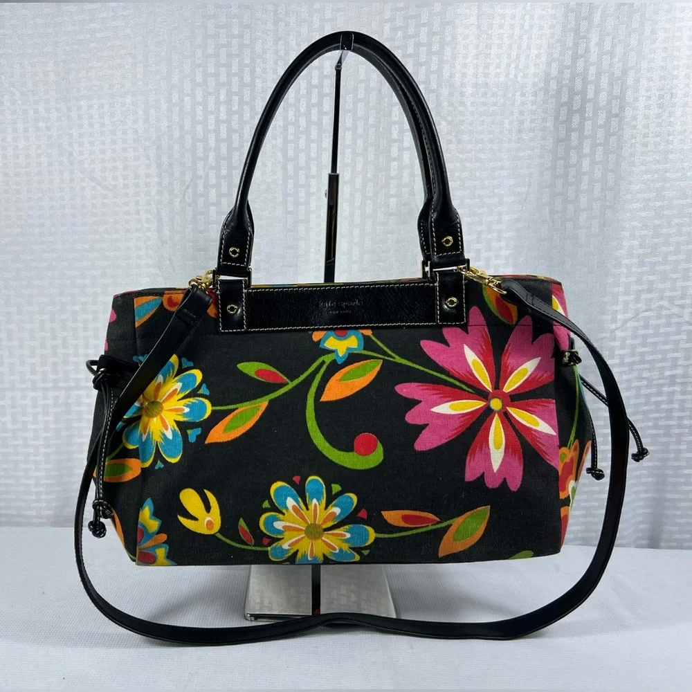 kate spade Black Floral Canvas Satchel with Pink, Yellow & Blue Flowers